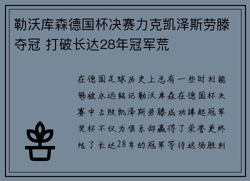 勒沃库森德国杯决赛力克凯泽斯劳滕夺冠 打破长达28年冠军荒
