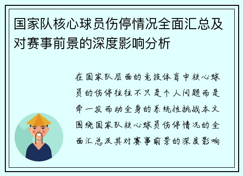 国家队核心球员伤停情况全面汇总及对赛事前景的深度影响分析