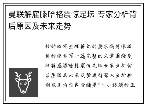 曼联解雇滕哈格震惊足坛 专家分析背后原因及未来走势