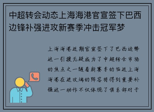 中超转会动态上海海港官宣签下巴西边锋补强进攻新赛季冲击冠军梦